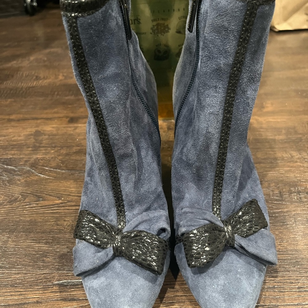 Karl Lagerfeld Blue Suede Ankle Boots with Black Bow